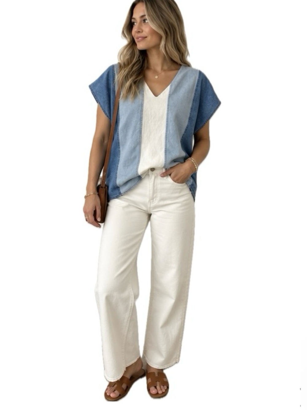 ENTRO Denim Colorblock Tunic Top V-Neck Short Sleeve Size S